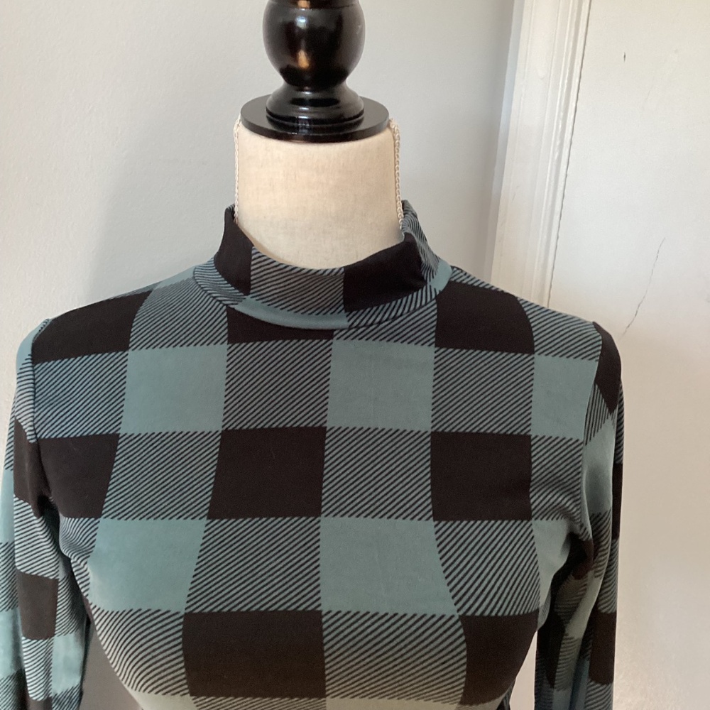 NWOT HELLO MIZ MATERNTY SMALL MIDI DRESS MOCKNECL PLAID TEAL BLACK - Picture 2 of 11
